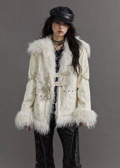 Romantic White Lapel Stitching Long Fur Jacket NOR0105