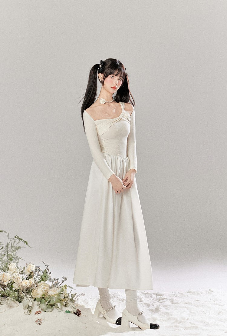 French White Hollow Design Knitted Long Dress TBI0048