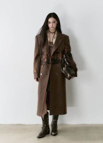 Plaid Stitching Design High-end Wool Long Coat VIA0163