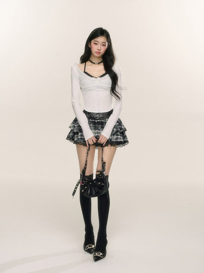 Lace Plaid A-line Slim Cake Short Skirt DIA0224