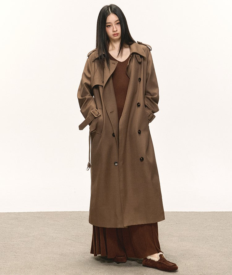 Brown Double-Breasted Long Trench Coat ANA0084