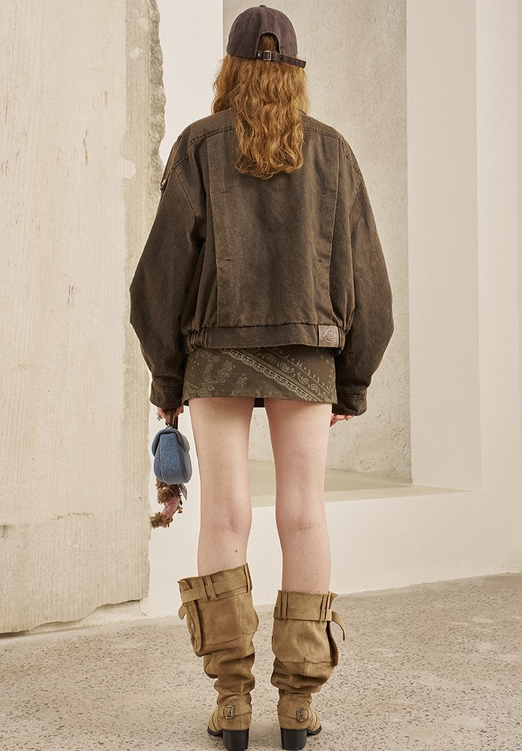 Leather Collar Stitching Denim Retro Jacket DID0222