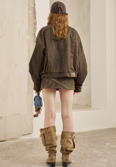 Leather Collar Stitching Denim Retro Jacket DID0222
