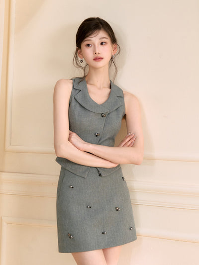 Pearl Gray Suit Vest/Skirt OSH0130