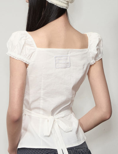 Lapel Lace Puff Sleeve Shirt SOO0001