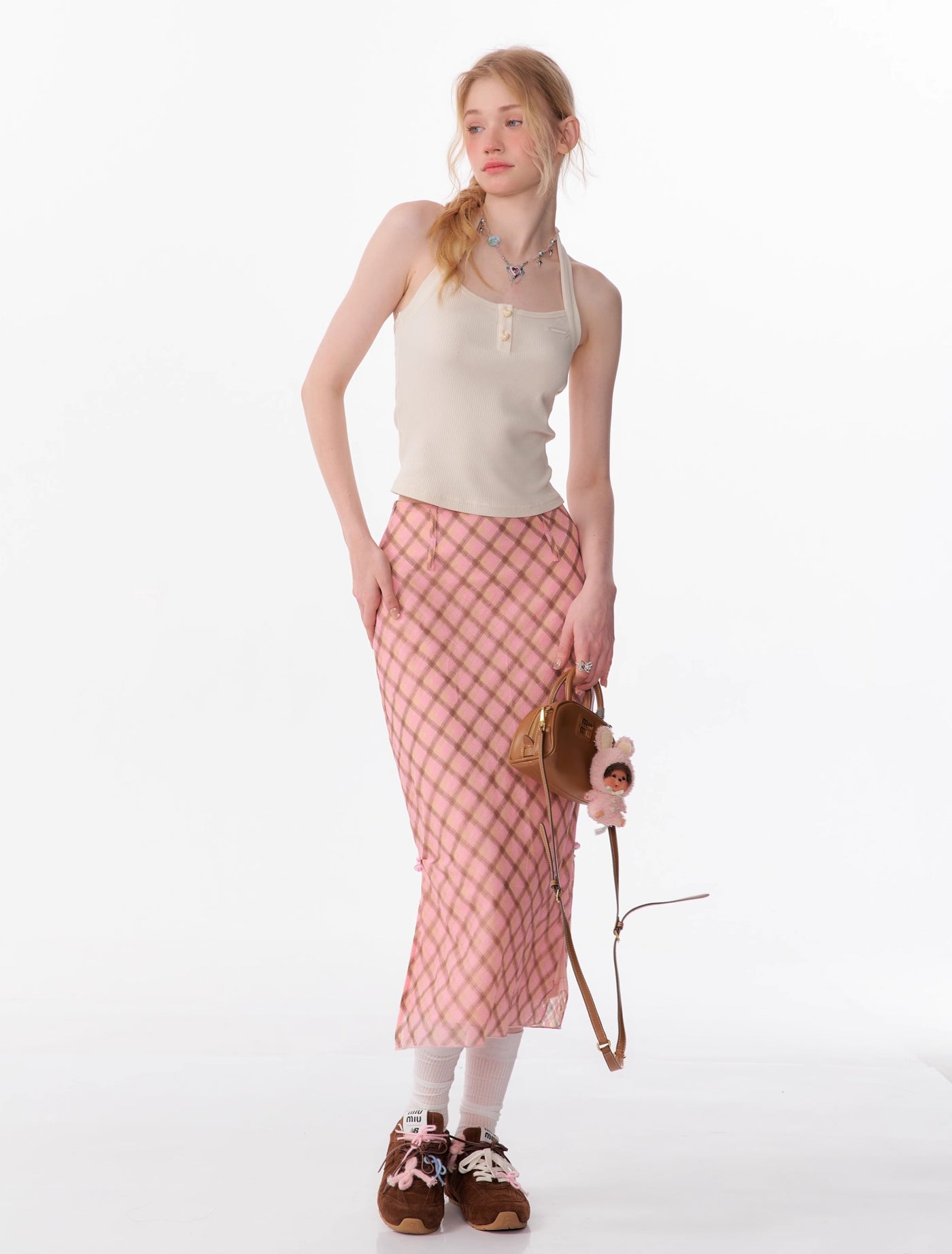 American Retro High Waist Pink And Brown Plaid Fishtail Mid-length Skirt ZIZ0106