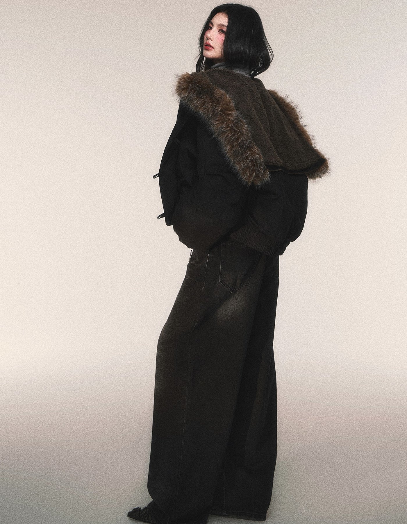 Black Hooded Large Fur Collar Down Jacket LUL0213