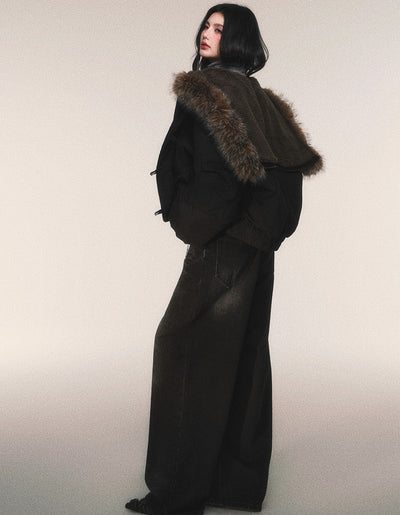 Black Hooded Large Fur Collar Down Jacket LUL0213