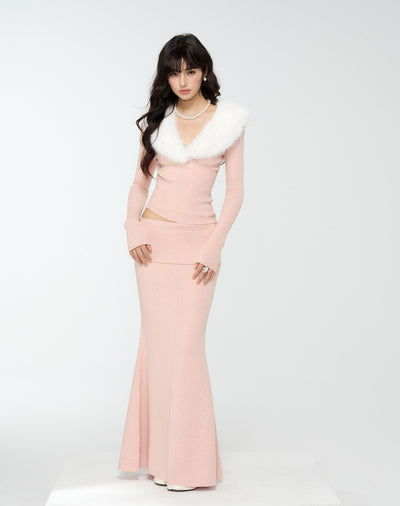 Detachable Fur Collar Sweater/Fishtail Skirt 4MU0171