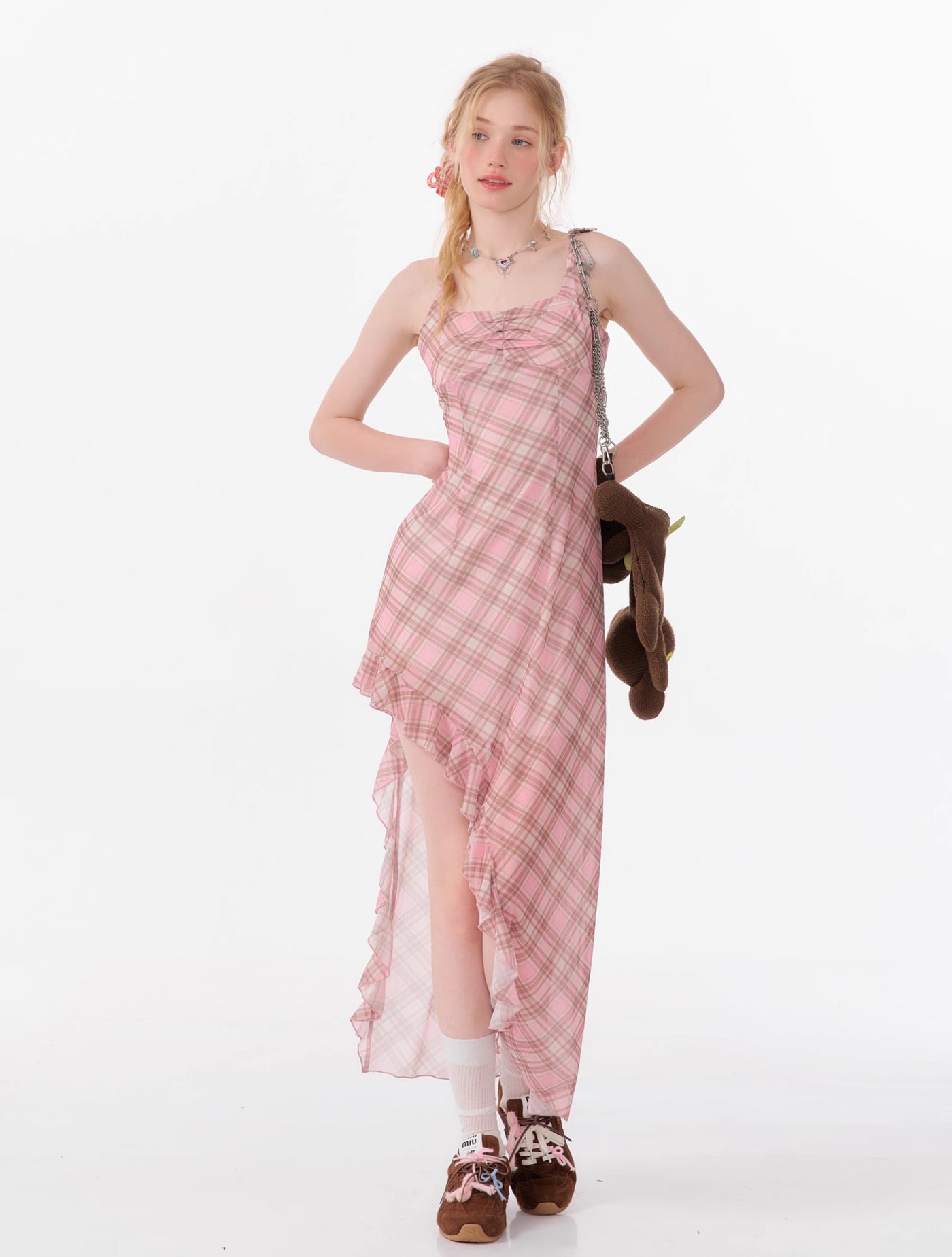 Irregular Waist Plaid Pink Long Suspender Dress ZIZ0086