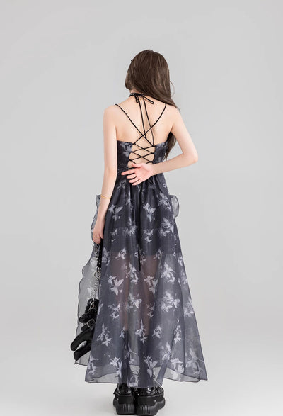 Butterfly Floral Sling Strap Backless Tulle Long Dress/Cardigan KEI0118