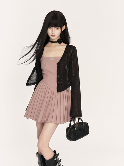 Square Neck Suspenders Pleated Dress VOC0415