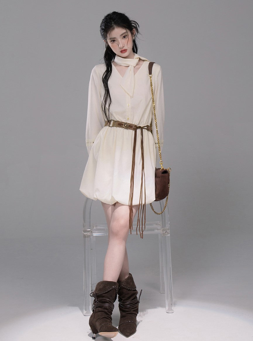 Custard Vest/Lace White Shirt Dress COT0336
