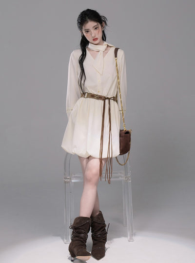 Custard Vest/Lace White Shirt Dress COT0336