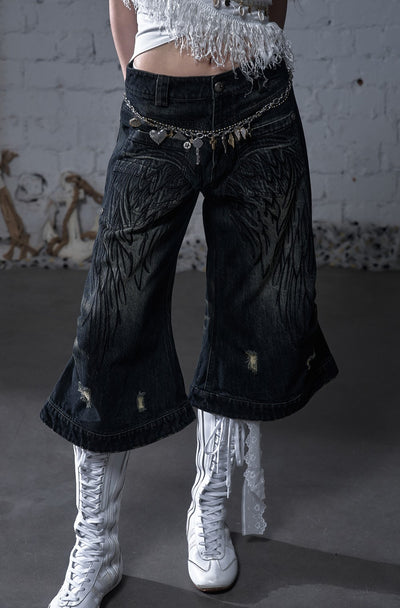 Punk Embroidered Wings Cropped Jeans NOR0177