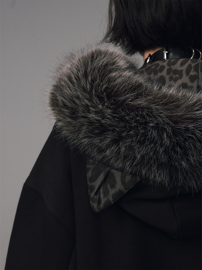 Cat Ear Leopard Print Fur Collar Hooded Jacket FRU0130