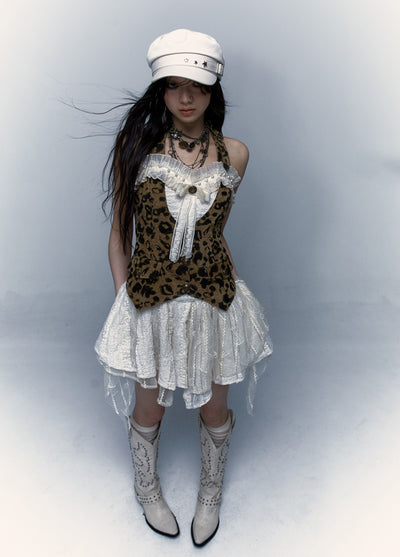 Punk Ballet Style Leopard Print Irregular Fake Two-piece Alter Neck Dress NOR0051