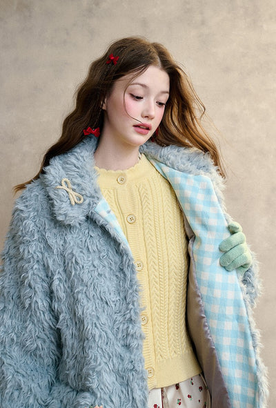 Cream Strawberry/Gray Blue Warm Curly Fur Coat GRO0093