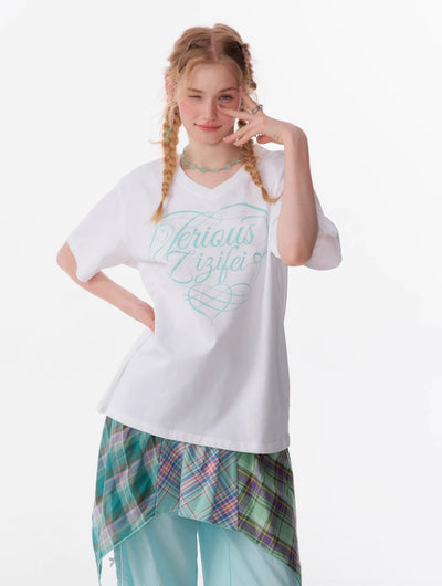 Basic Letter Print V-neck Loose Short-sleeved T-shirt ZIZ0094