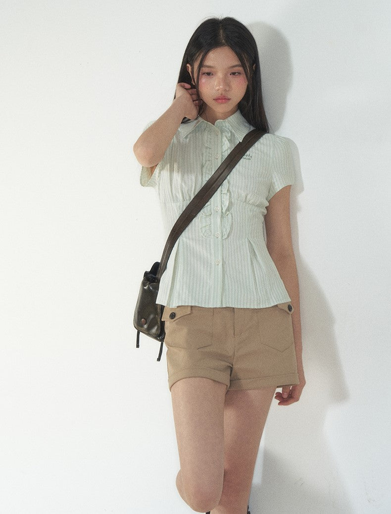Retro Ruffled Slim Short-sleeved Shirt SOO0017