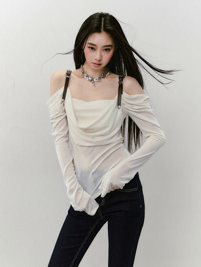 Leather Shoulder Strap Long-sleeved T-shirt VIA0336