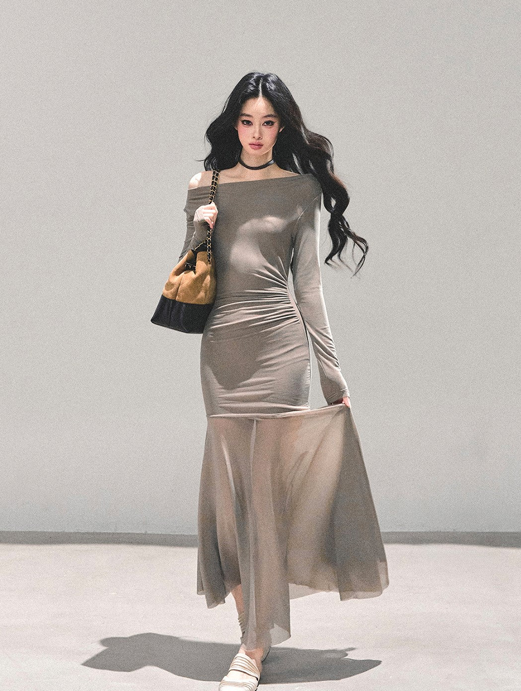 Off-shoulder Slimming Sheer Dress DIA0697