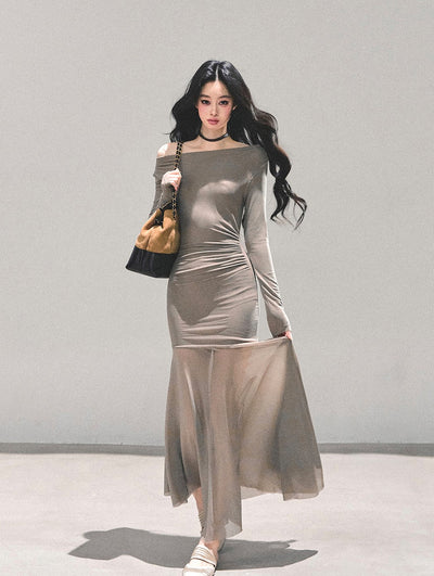Off-shoulder Slimming Sheer Dress DIA0697