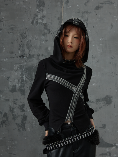 Dark Punk Cross Slant Placket Hooded Top FRU0051