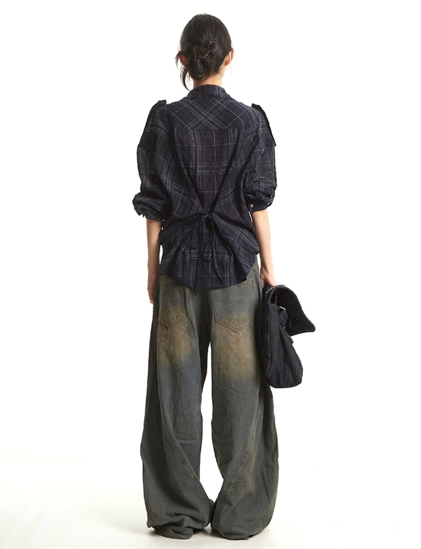 Retro Navy Plaid Long Sleeve Shirt UNC0275