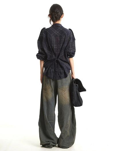 Retro Navy Plaid Long Sleeve Shirt UNC0275