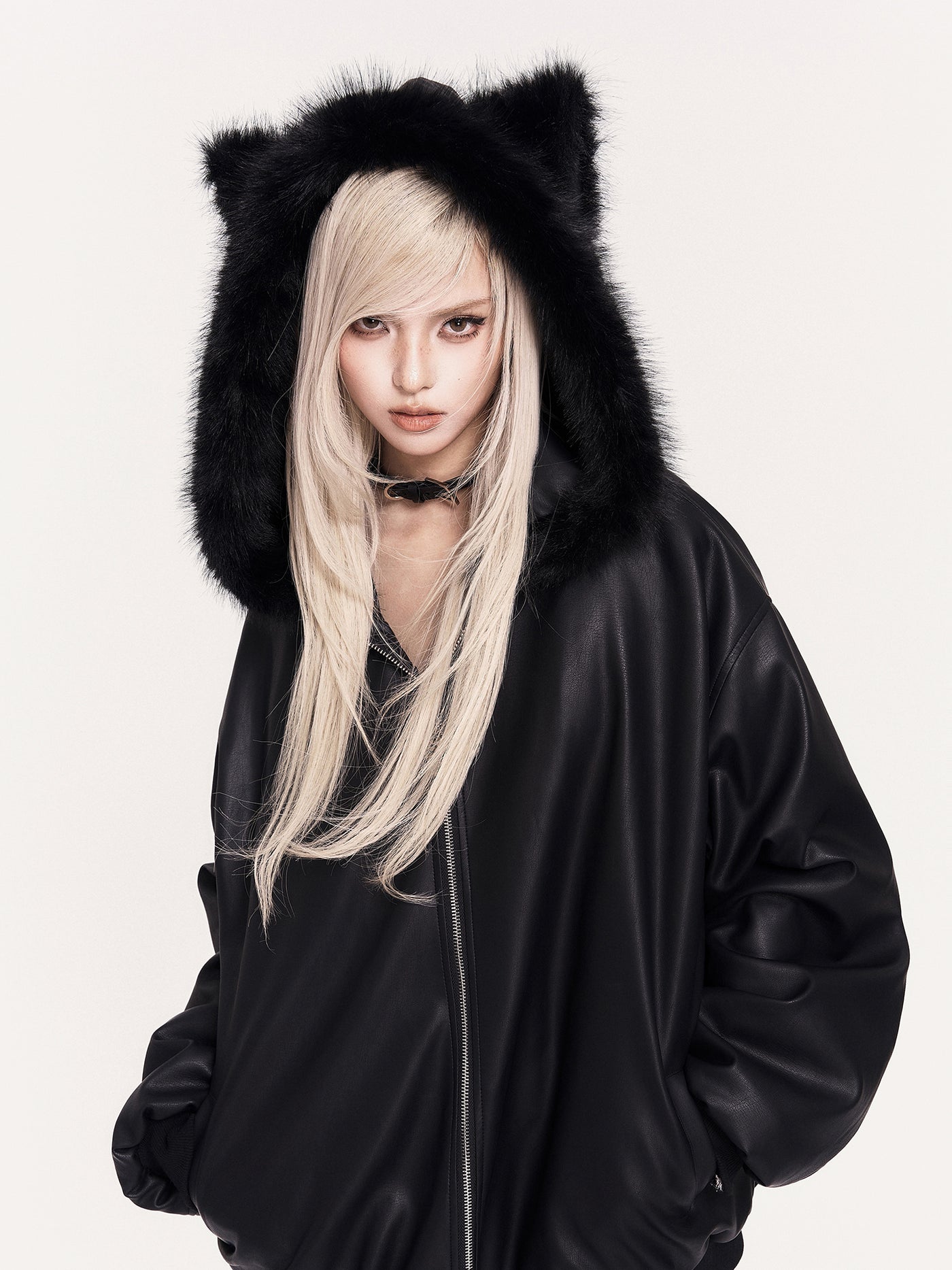 Fur Collar Cat Ears Hooded Leather Jacket VOC0466