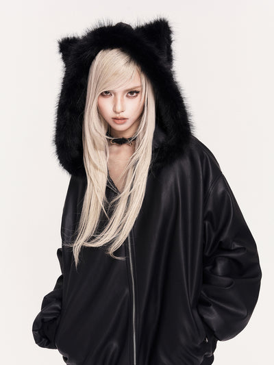 Fur Collar Cat Ears Hooded Leather Jacket VOC0466