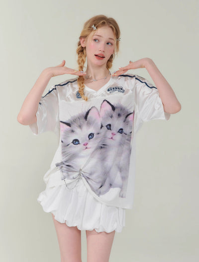 Cat Print Loose V-neck Quick-drying Short-sleeved T-shirt ZIZ0144