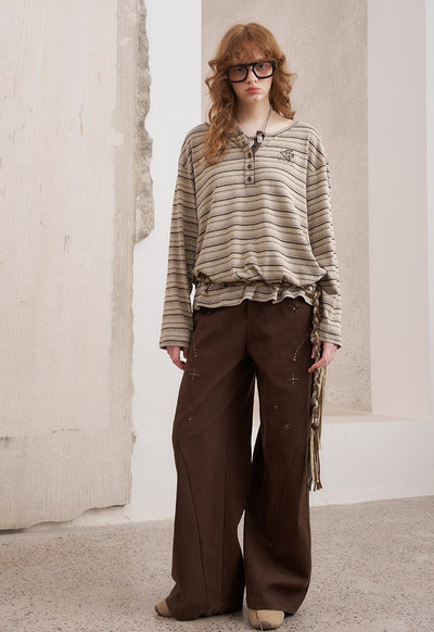 Brown Striped Loose Bird Embroidered T-shirt DID0221