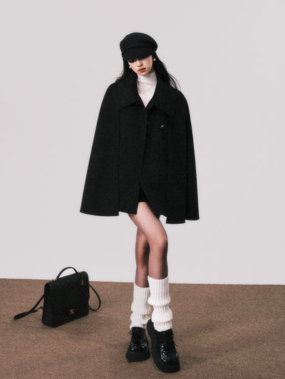 Double-sided Wool Black Wool Shawl Cape Coat LUL0109