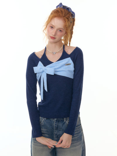 Contrast Color Stitching Bow Tie Sweater ZIZ0300