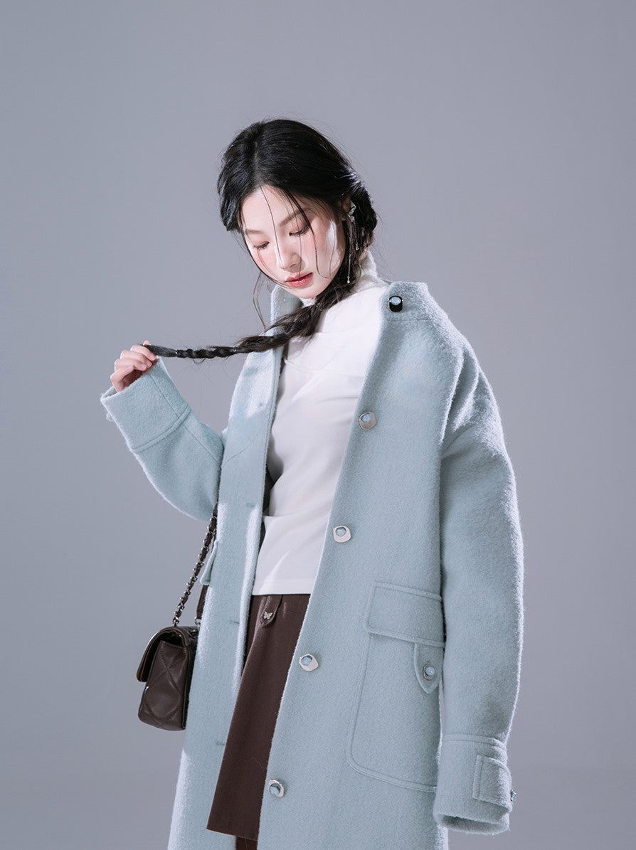 Skyblue Stand Collar Wool Long Coat COT0168