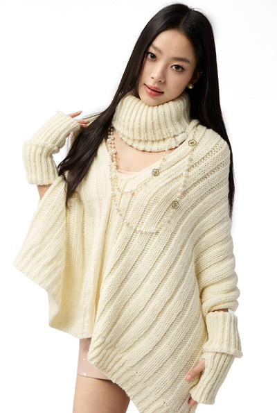 White Irregular Sweater/Neck Warmer+Arm Sleeves 4MU0154