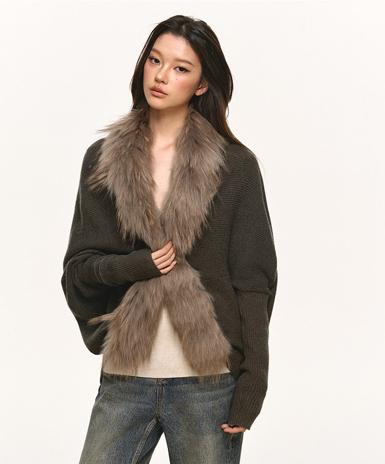 Fur Collar Patchwork Knitted Cardigan ANA0109