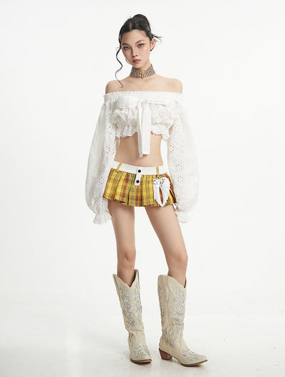 Puff Sleeve One Shoulder Bow Short Shirt UNC0258