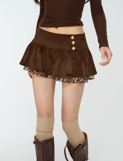 Suede Pleated Leopard Print Short Skirt 4MU0174