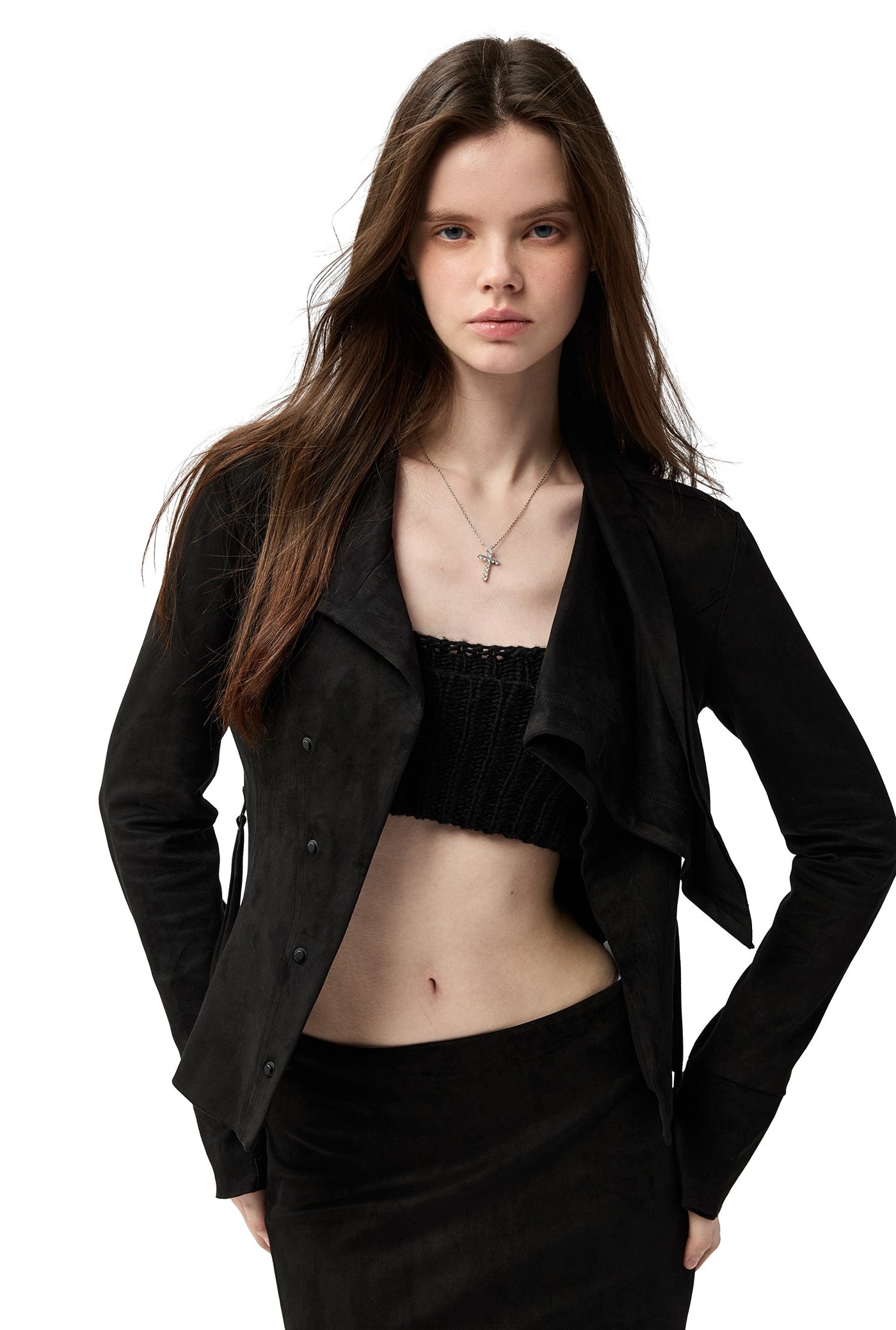 Black Asymmetrical Suede Jacket/Skirt 4MU0156