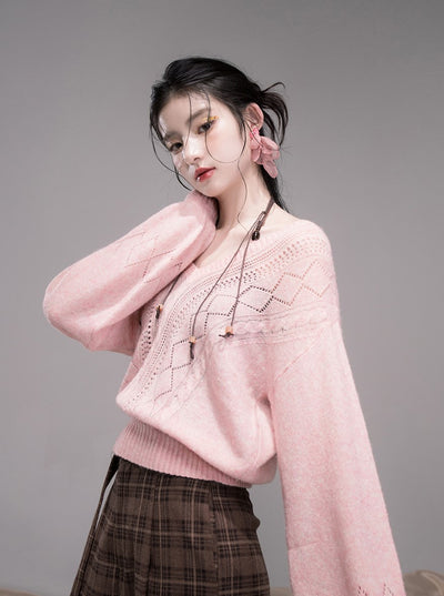 Pink Hollow V-neck Knit+Halter Neck Top COT0345
