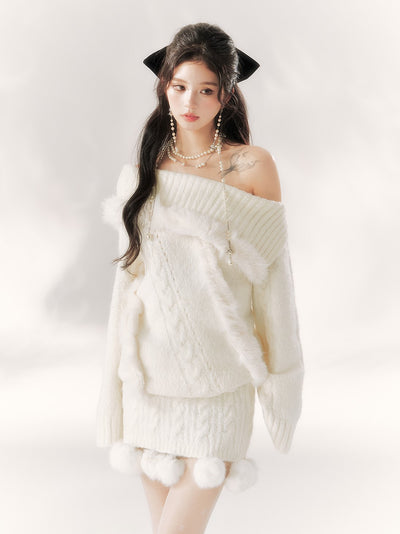 Off-shoulder Plush Fur Knitted Sweater BBB0102