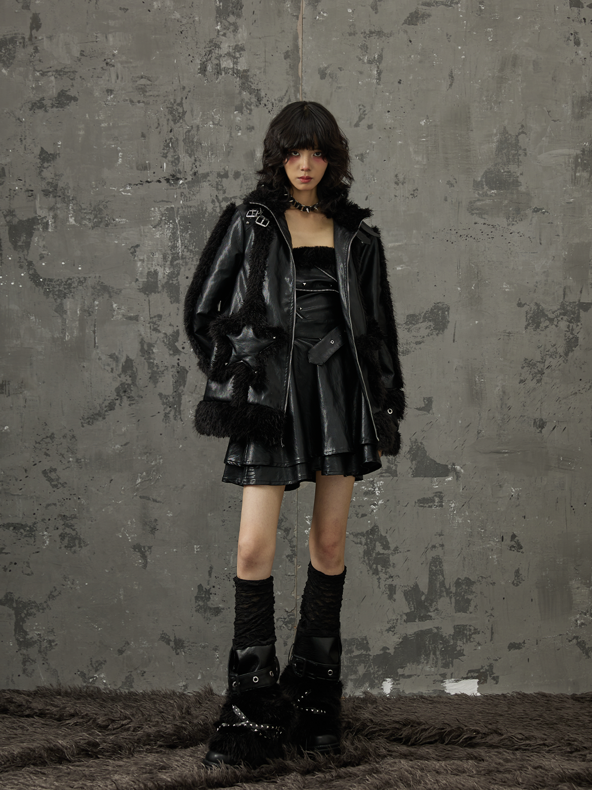 Punk Star Pocket Fur Patchwork Coat FRU0046