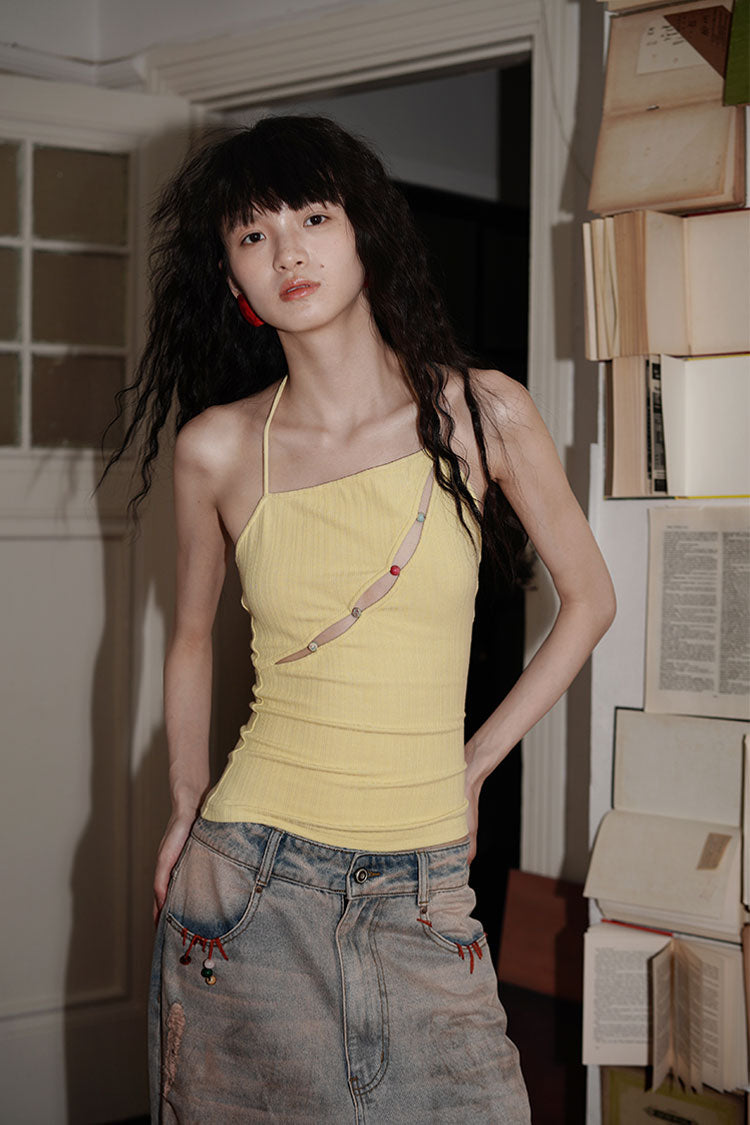 Halter Neck Hollow Back Design Slim Fit Solid Color Camisole BAD0003