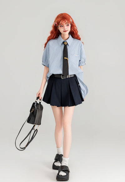 Blue Plaid Short-sleeved Shirt/Pleated Skirt/Black Tie KEI0091