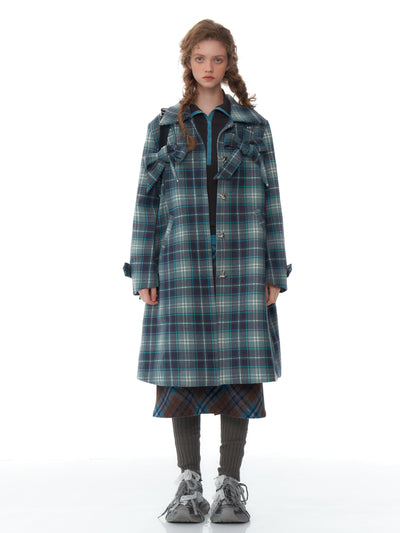 Retro High-end Mid-length Bow Blue Plaid Tweed Coat ZIZ0199