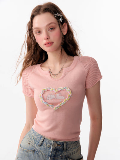 Hollow Three-dimensional Love Rabbit Print Short-sleeved Knit ZIZ0105