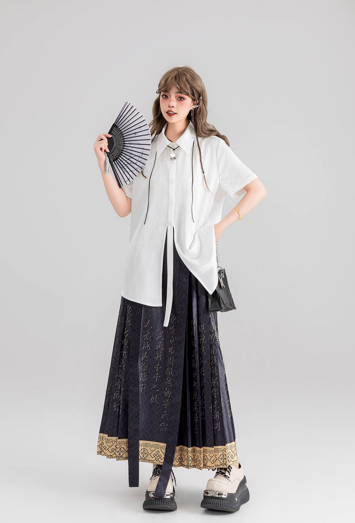 Chinese Character Printing Pleated Long Skirt KEI0069